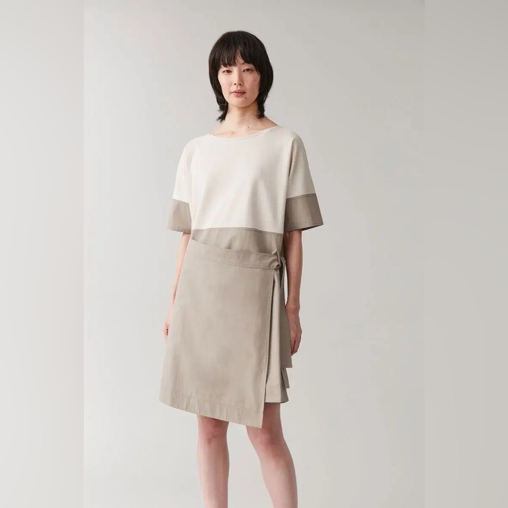 COS Sz L Neutral Two Tones Faux Wrap Relaxed Minimalist Dress